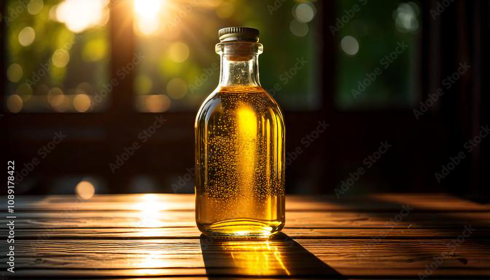 A bottle of oil is sitting on a wooden table. The bottle is clear and has a metal cap. The sunlight is shining on the bottle, creating a warm and inviting atmosphere A bottle of oil is sitting on a wooden table. The bottle is clear and has a metal cap. The sunlight is shining on the bottle, creating a warm and inviting atmosphere