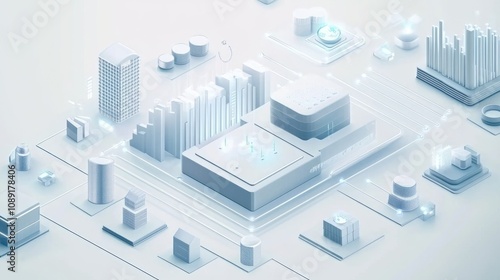 A digital cityscape with buildings and interconnected lines, symbolizing technology and innovation.