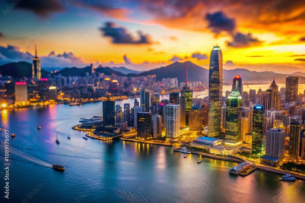 Fototapeta premium Dusk View of Victoria Harbor with a Stunning Tilt-Shift Perspective of Hong Kong’s Skyline and Architecture, Capturing the Urban Landscape in a Unique City Travel Concept
