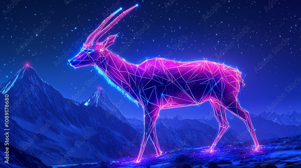 Saiga antelope in a futuristic polygonal style, composed of glowing geometric lines and triangular patterns, mountainous background with a high-tech atmosphere Saiga antelope in a futuristic polygonal style, composed of glowing geometric lines and triangular patterns, mountainous background with a high-tech atmosphere