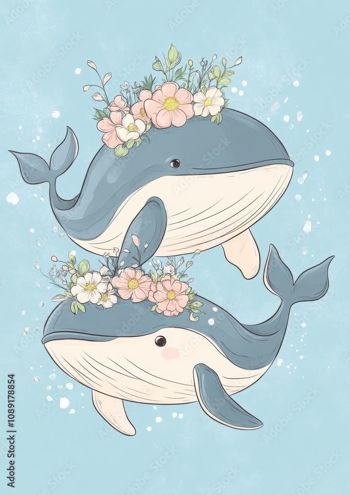 Cute cartoon-style drawing of a mother and baby whale Cute cartoon-style drawing of a mother and baby whale