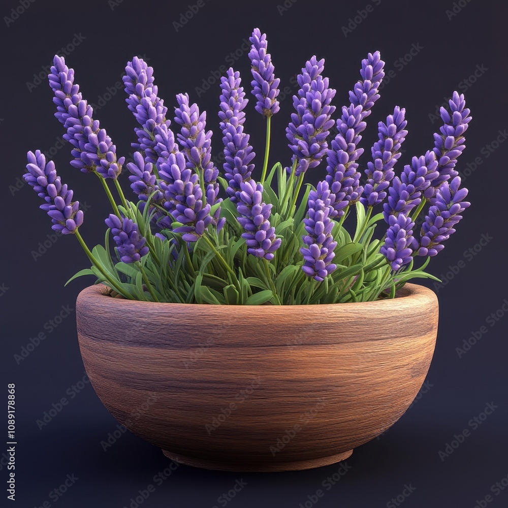 Fototapeta premium Vibrant Lavender Bouquet in Wooden Bowl