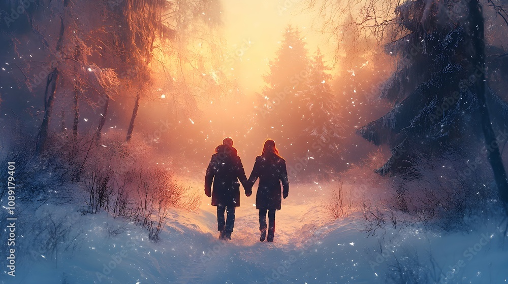 Couple holding hands and walking in a snowy forest, ideal for winter romance or adventure concepts. Couple holding hands and walking in a snowy forest, ideal for winter romance or adventure concepts.