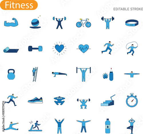 A collection of 30 blue fitness icons depicting various exercises, gym equipment, and healthy activities like running, weightlifting, cycling, and yoga.