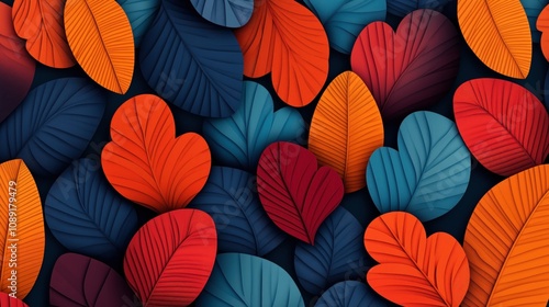 Wallpaper Mural Abstract composition of layered paper leaves in blue, red, and orange hues creating a vibrant, textured pattern. Torontodigital.ca