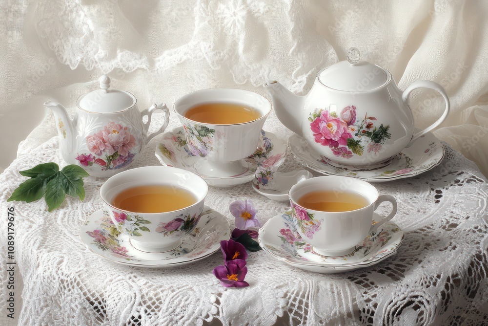 A classic tea set with floral designs, displayed on a lace-covered table with delicate porcelain cups and saucers. A classic tea set with floral designs, displayed on a lace-covered table with delicate porcelain cups and saucers.