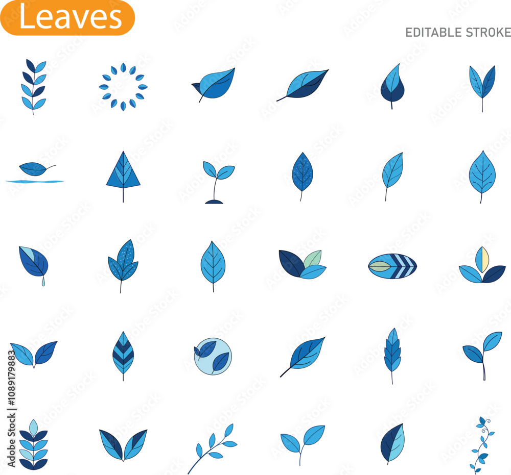 Blue Leaf Icons Nature, Ecology, Minimalist, Vector, Graphics, Design, Set, Editable, Stroke, Illust Blue Leaf Icons Nature, Ecology, Minimalist, Vector, Graphics, Design, Set, Editable, Stroke, Illust