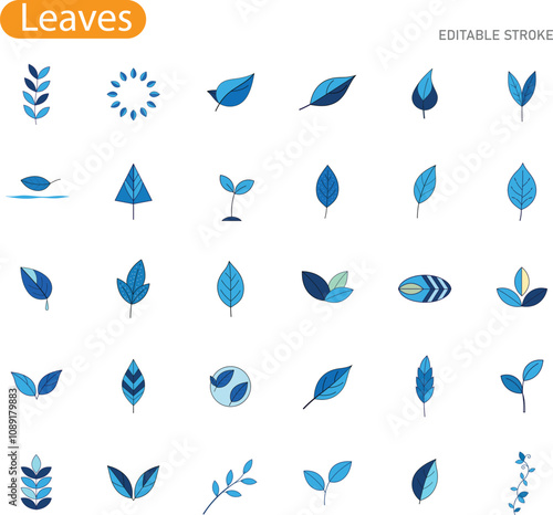 Blue Leaf Icons Nature, Ecology, Minimalist, Vector, Graphics, Design, Set, Editable, Stroke, Illust