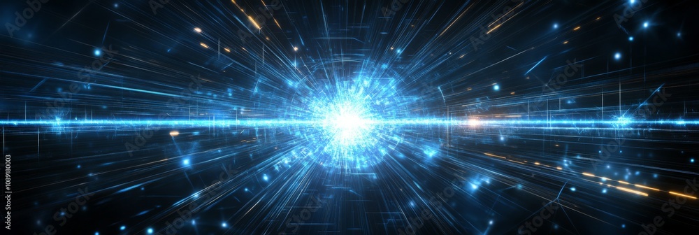 Naklejka premium Bright blue light explosion in dark blue abstract digital art with radial light rays and starry night effect.