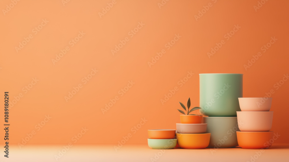 Handmade Ceramic Containers in Vibrant Colors with Smooth Gradients Arranged Aesthetically on an Orange Background for Modern Decor Handmade Ceramic Containers in Vibrant Colors with Smooth Gradients Arranged Aesthetically on an Orange Background for Modern Decor
