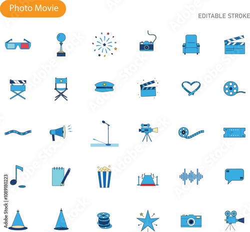 A collection of 30 blue icons representing various aspects of filmmaking, movie production, and cinema viewing experience. Includes equipment, awards, and audience elements.