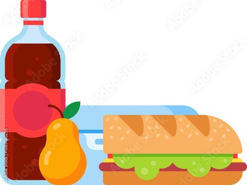 School lunch with a sandwich, a pear, a bottle of soda and a lunchbox representing a healthy and balanced meal for students