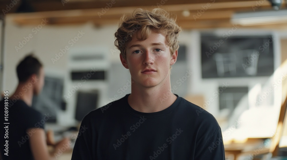 A young man with curly hair poses thoughtfully in a creative workspace. A young man with curly hair poses thoughtfully in a creative workspace.