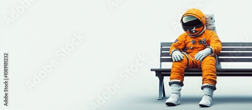 A astronaut in an orange space suit sitting chilled on a park bench against a white background