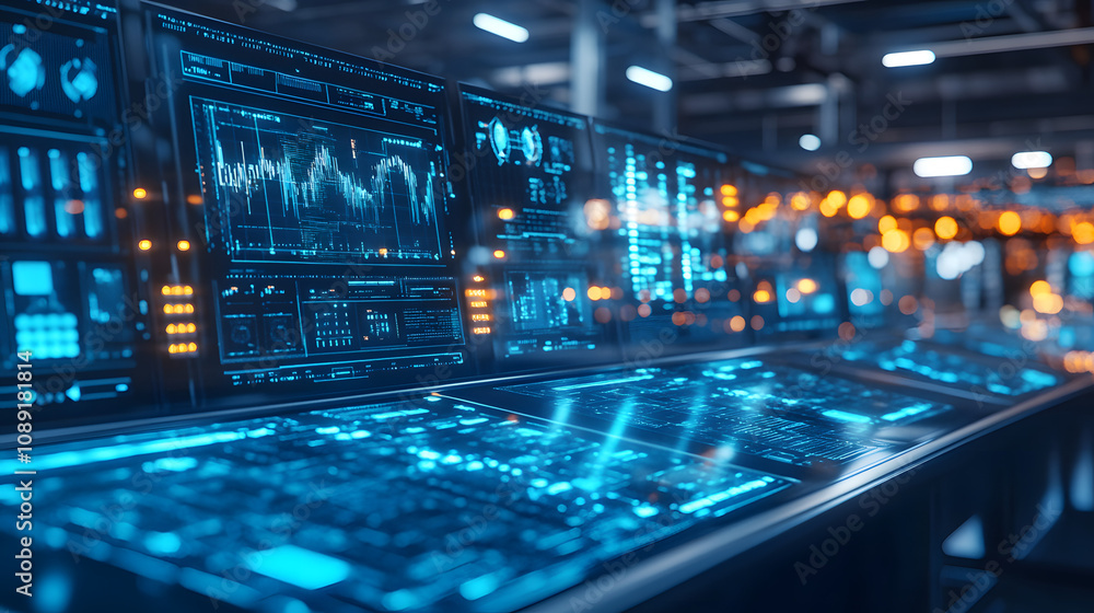 A high-tech control room in a futuristic factory, with holographic data displays and glowing consoles in a dreamlike setting. 4k resolution, cinematic scene A high-tech control room in a futuristic factory, with holographic data displays and glowing consoles in a dreamlike setting. 4k resolution, cinematic scene