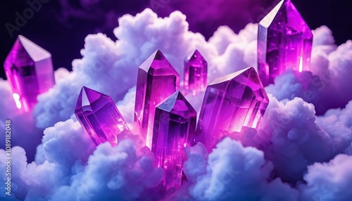 Vibrant purple crystals emerge from dreamy clouds in mystical scene