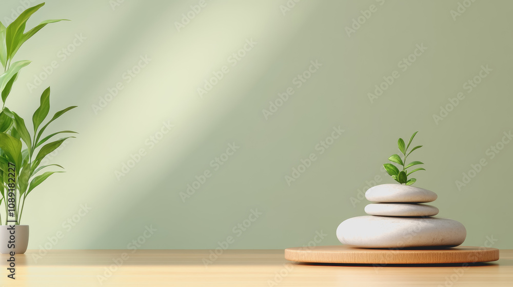 Serene Arrangement of Smooth Stones with Green Plant on Light Background, Ideal for Natural and Handmade Decor Concepts Serene Arrangement of Smooth Stones with Green Plant on Light Background, Ideal for Natural and Handmade Decor Concepts