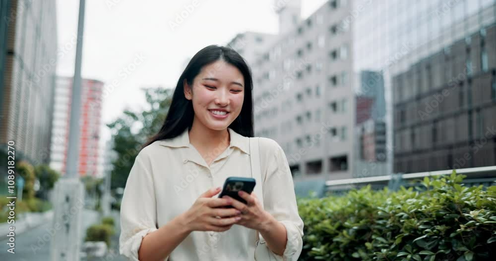 Japanese, woman and scroll with smartphone in city, search and tourist with application for direction. Travel, female person and smile with mobile for online map, check location and walking in Tokyo Japanese, woman and scroll with smartphone in city, search and tourist with application for direction. Travel, female person and smile with mobile for online map, check location and walking in Tokyo