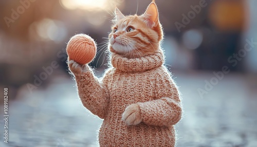 Cute ginger cat wearing a cozy sweater holding a yarn ball in sunlight, displaying adorable autumn vibes. photo