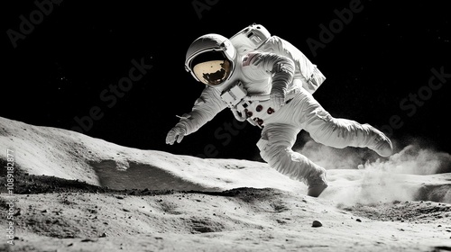 Astronaut jumping in low gravity near the moon hyper realistic in the background Generative AI photo