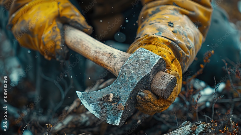 Close-up of hands holding an axe breaking wood in the forest wearing yellow gloves Close-up of hands holding an axe breaking wood in the forest wearing yellow gloves