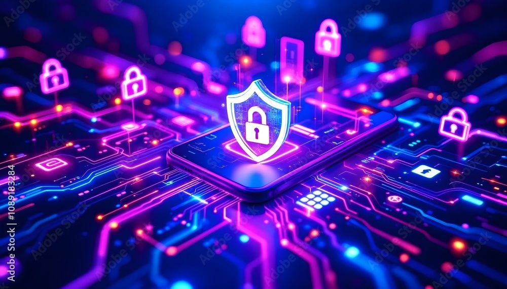 A futuristic scene of a smartphone surrounded by glowing, holographic AI interfaces and digital locks symbolizing cybersecurity. A futuristic scene of a smartphone surrounded by glowing, holographic AI interfaces and digital locks symbolizing cybersecurity.