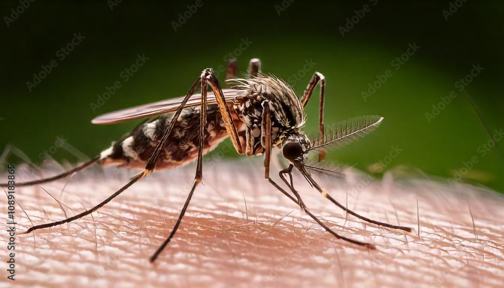 A mosquito is biting a person's arm. The mosquito is black and white. The person is wearing a green shirt A mosquito is biting a person's arm. The mosquito is black and white. The person is wearing a green shirt
