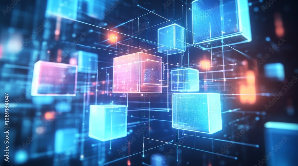 Futuristic digital artwork of a network or data center with varied boxes connected by lines on a dark blue background. Futuristic digital artwork of a network or data center with varied boxes connected by lines on a dark blue background.