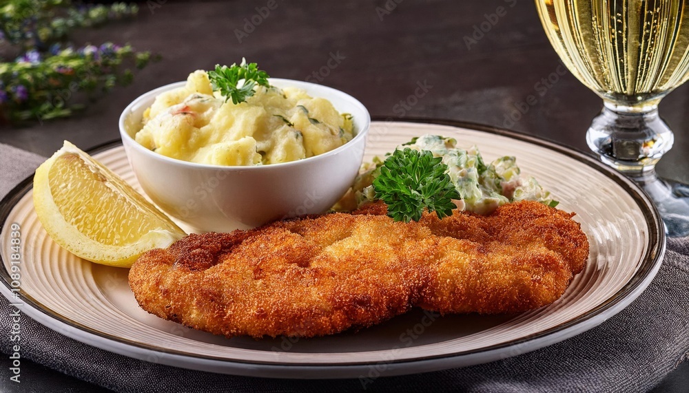A plate of Wiener Schnitzel with a side of creamy potato salad and a glass of crisp white wi A plate of Wiener Schnitzel with a side of creamy potato salad and a glass of crisp white wi