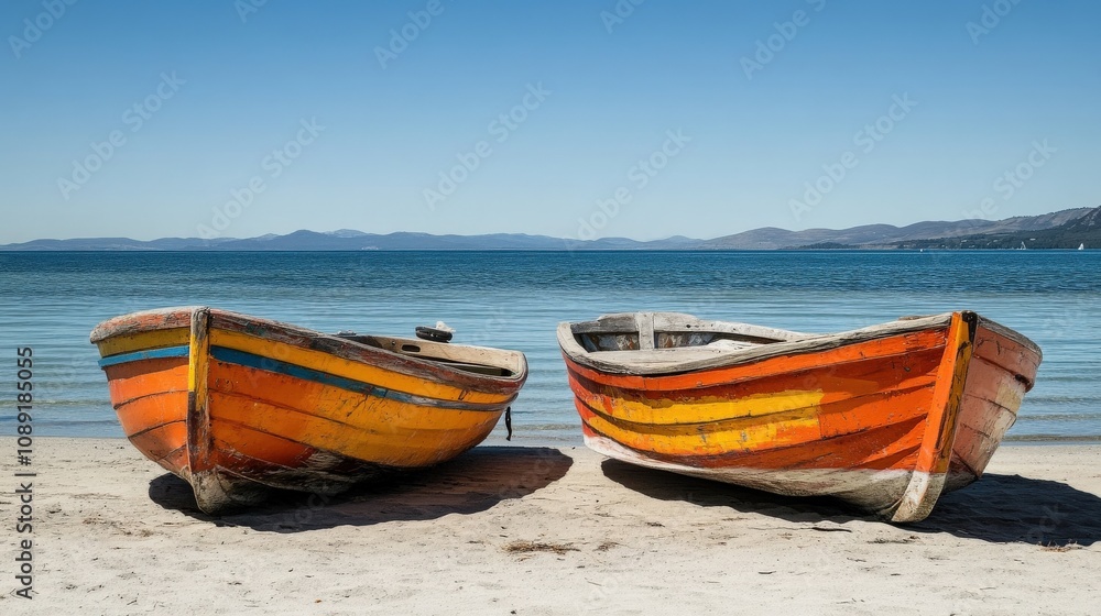 Colorful Local Boats Resting on Beach with Clear Blue Sky Colorful Local Boats Resting on Beach with Clear Blue Sky