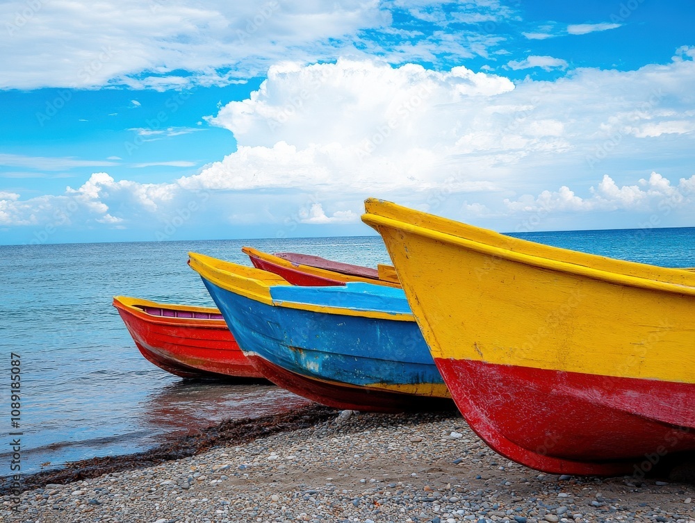 Colorful Local Boats Resting on Beach with Clear Blue Sky Colorful Local Boats Resting on Beach with Clear Blue Sky