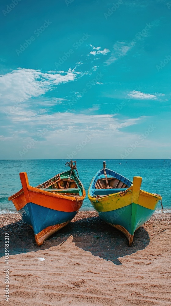 Colorful Local Boats Resting on Beach with Clear Blue Sky Colorful Local Boats Resting on Beach with Clear Blue Sky