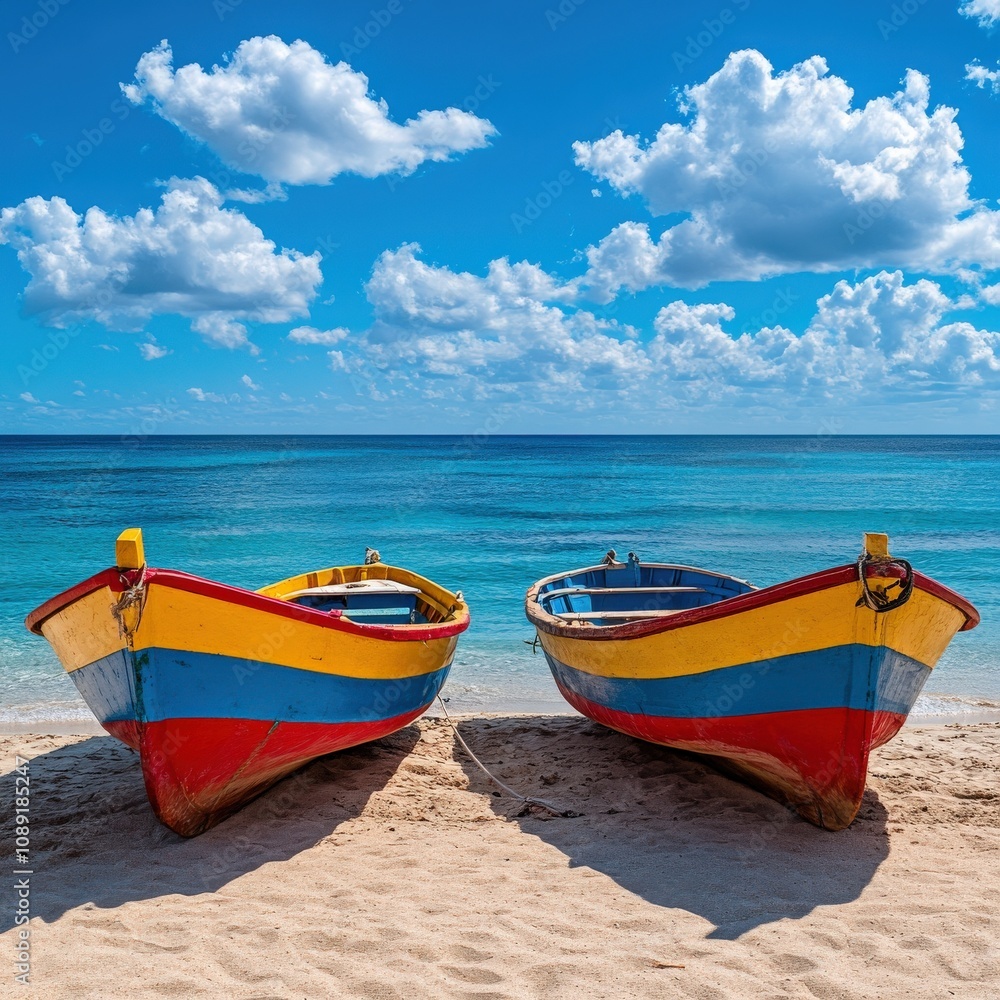 Colorful Local Boats Resting on Beach with Clear Blue Sky Colorful Local Boats Resting on Beach with Clear Blue Sky