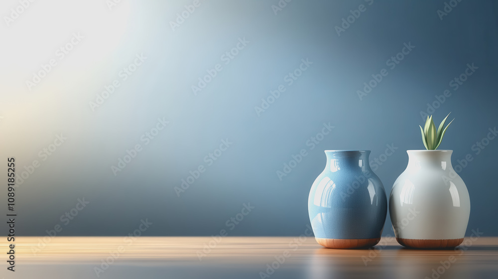 Aesthetic Handmade Ceramics in Smooth Gradient Light, Highlighting 3D Designs of Vases with Unique Textures and Natural Plant Accents on Wooden Surface Aesthetic Handmade Ceramics in Smooth Gradient Light, Highlighting 3D Designs of Vases with Unique Textures and Natural Plant Accents on Wooden Surface