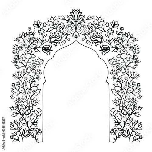 Mughal decorative ornamental floral arch. Vintage intricate traditional mughal style with flowers and foliage.