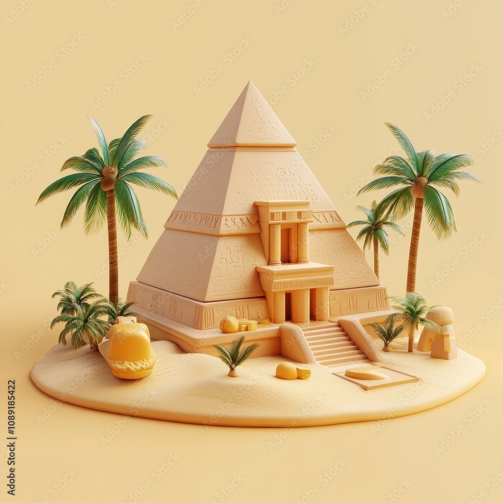 Obraz premium Ancient Egyptian Pyramid Oasis Landscape Illustration
