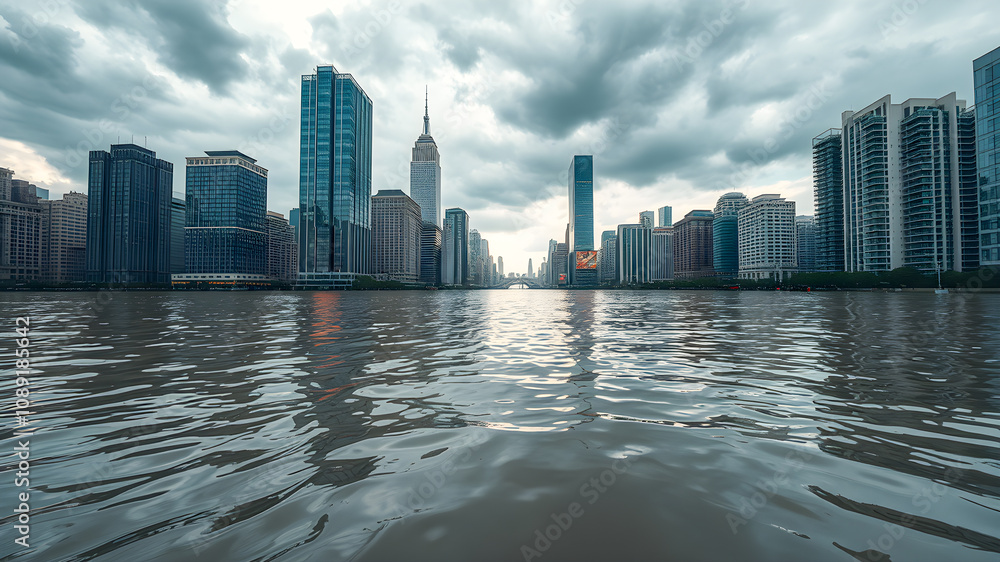 Fototapeta premium The iconic Chicago skyline, a stunning cityscape of towering skyscrapers reflecting on the glistening waters of Lake Michigan