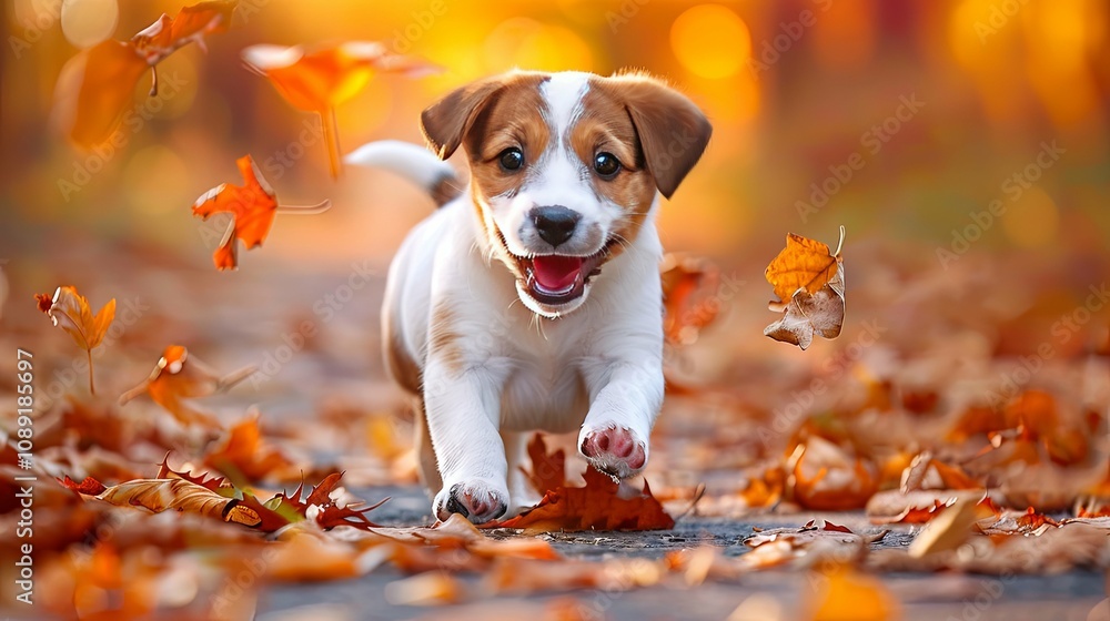 Joyful Jack Russell Terrier Puppy Running Through Autumn Leaves Joyful Jack Russell Terrier Puppy Running Through Autumn Leaves