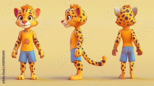 A playful cartoon leopard character design showcasing different angles and a cheerful outfit.