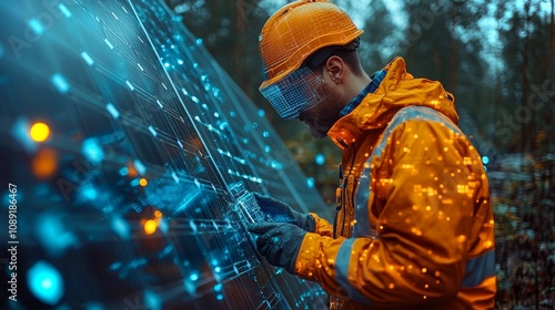 An engineer in an orange jacket and hard hat is using a portable solar charger in a forest photo