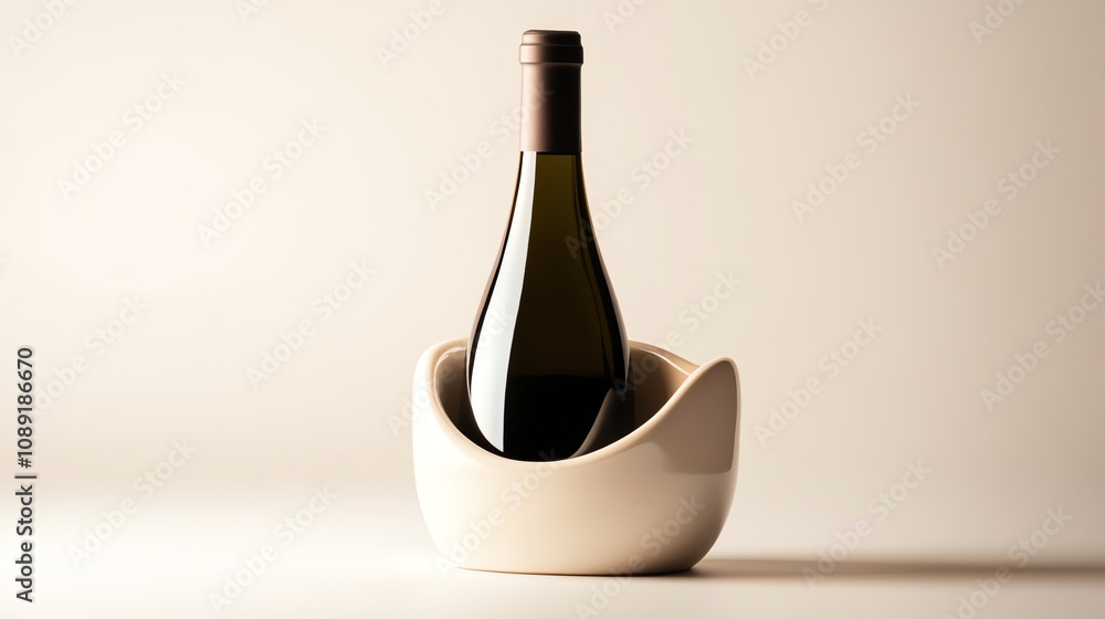 Wine bottle elegantly displayed in a modern ceramic holder, soft lighting. Wine bottle elegantly displayed in a modern ceramic holder, soft lighting.