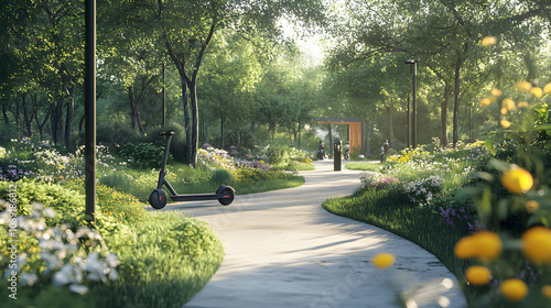 A pedestrian walking path with electric scooters parked neatly, bordered by eco-friendly landscaping and wildflowers. Cinematic Scene, 4k resolution, cinematic scene