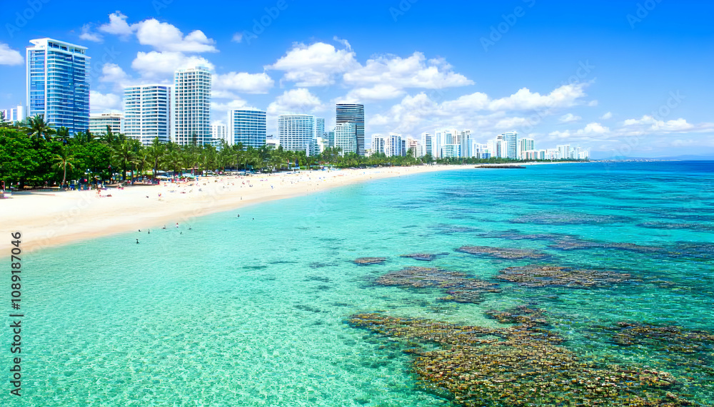 Obraz premium Stunning Waikiki Beach panorama showcasing turquoise waters, white sand, and high-rise hotels under a vibrant blue sky. Ideal for travel, vacation, and resort marketing.