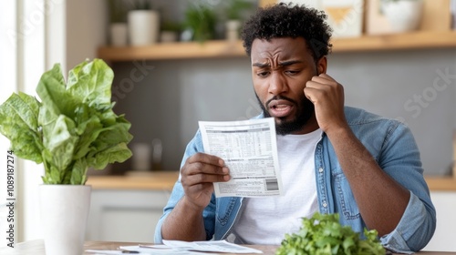 A man looks concerned while reading a document at home, surrounded by plants.