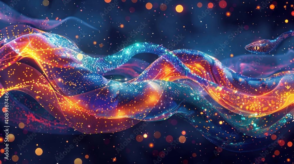Abstract glowing wave with sparkling particles and bokeh lights in blue and orange colors against dark blue background. Abstract glowing wave with sparkling particles and bokeh lights in blue and orange colors against dark blue background.