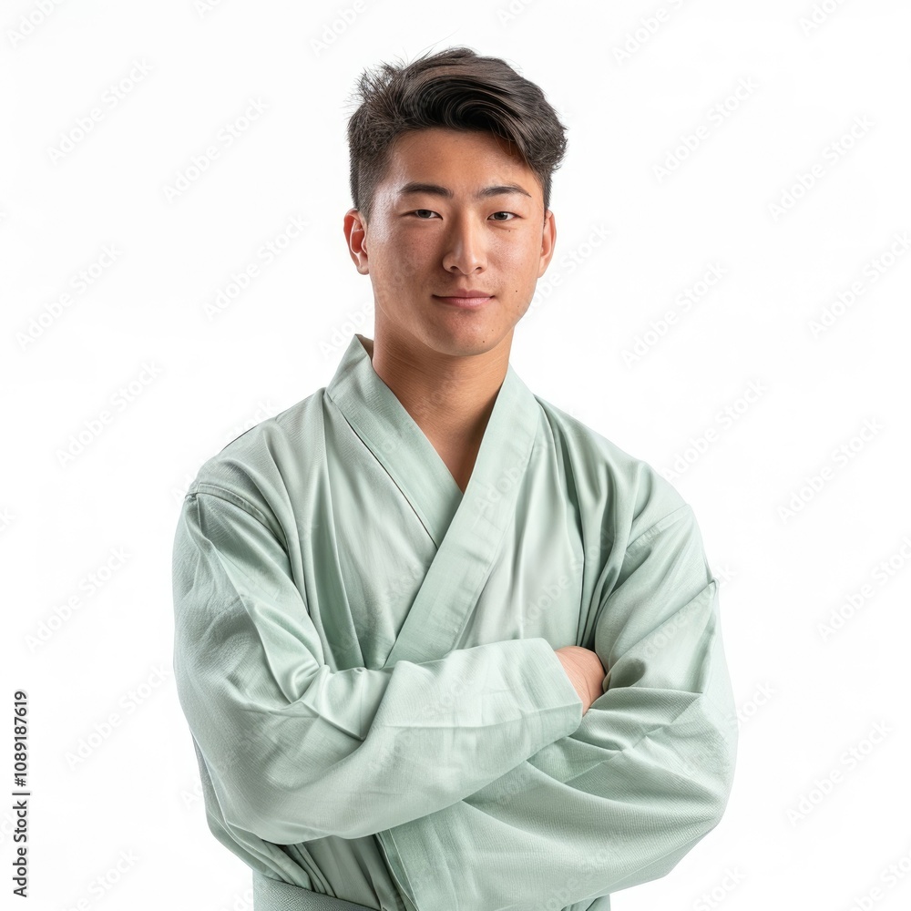Confident Asian engineer in green robe poses on white background. Confident Asian engineer in green robe poses on white background.