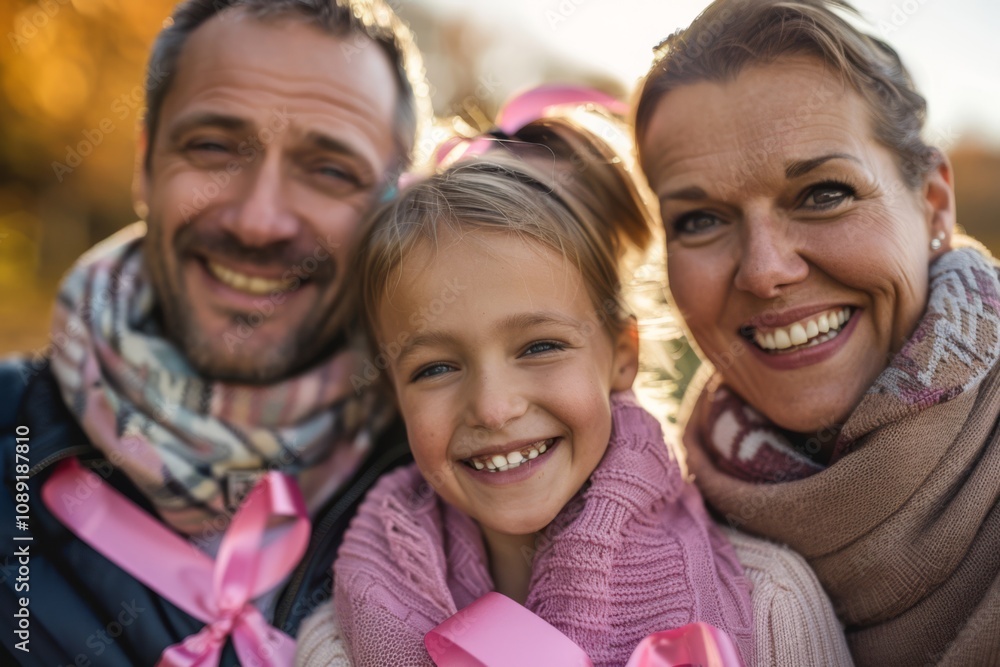 Heartwarming Family Portrait with Pink Ribbons to Support Breast Cancer Awareness, Featuring a Smiling Child and Two Adults in Cozy Scarves Captured Outdoors Heartwarming Family Portrait with Pink Ribbons to Support Breast Cancer Awareness, Featuring a Smiling Child and Two Adults in Cozy Scarves Captured Outdoors