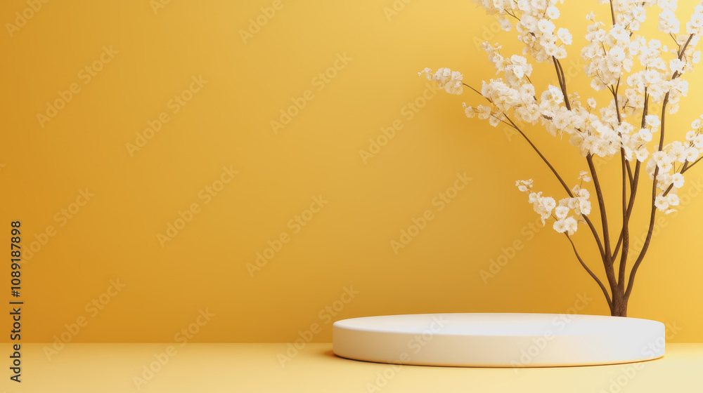 Elegant and Minimalist Display with a Smooth Gradient Background Featuring a White Blossom Tree on a Circular Platform for Craft and Quality Showcase Elegant and Minimalist Display with a Smooth Gradient Background Featuring a White Blossom Tree on a Circular Platform for Craft and Quality Showcase