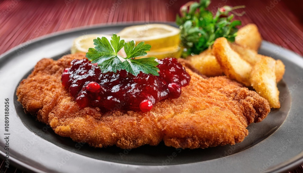 A Wiener Schnitzel served with a side of lingonberry jam and a sprinkling of fresh parsley A Wiener Schnitzel served with a side of lingonberry jam and a sprinkling of fresh parsley