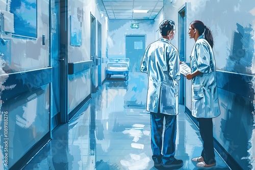Illustration of Two Doctors Engaged in Discussion About a Patient in a Hospital Corridor, Emphasizing Collaboration in Healthcare Settings
